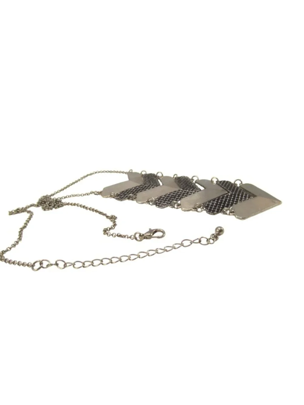 Chevron Statement Necklace with Silver Tone Metal Black Detail Adjustable Chain